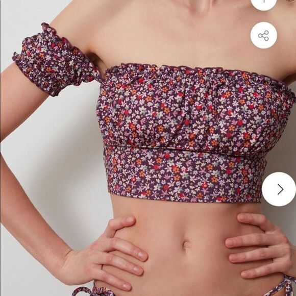 SANCTUARY SWIM PEASANT OFF THE SHOULDER CROP BIKINI TOP RETROGRADE PRINT NWT SM - Picture 1 of 10